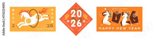 Set of greeting cards designs with New Year 2026 symbol. Templates of postcards with fire horses. Posters layouts with mascot of zodiac sign of Chinese lunar horoscope. Flat vector illustrations