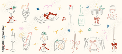 Christmas cocktail collection with festive drinks, champagne glasses, and holiday decorations. Cozy bar scene with doodle style illustrations of cocktails, wine, and celebration. Vector illustration.