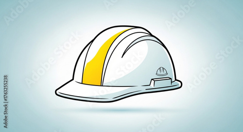 Illustration of a white construction helmet with a yellow stripe on a light blue gradient background