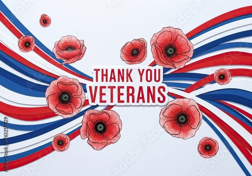 Photo of thank you veterans design with poppy flowers and red, white, and blue waves, expressing gratitude and appreciation for military service