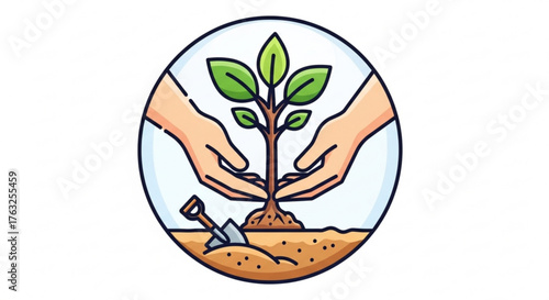 Hands planting tree in soil with shovel represents environmental conservation and sustainable agriculture