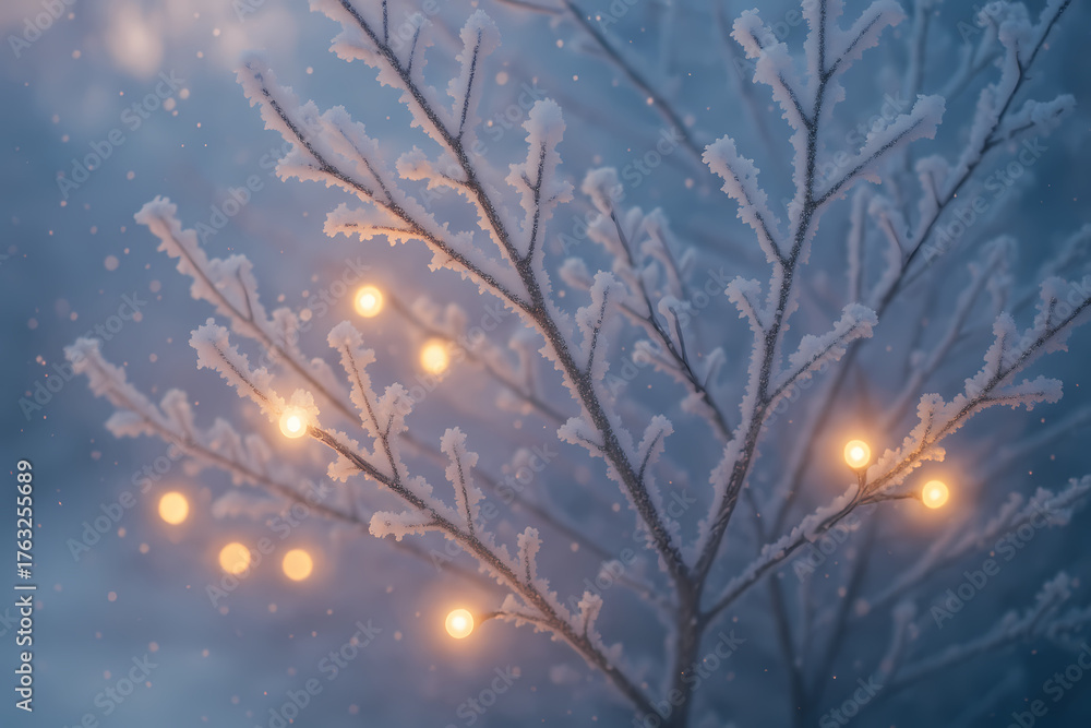Obraz premium A close-up of frosty tree branches dusted with snow, adorned with glowing Christmas lights. The soft illumination contrasts beautifully with the icy landscape, creating a serene and enchanting winter 