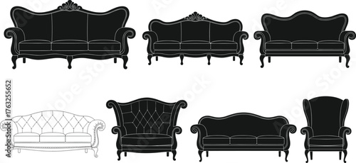 Vintage furniture silhouette vector illustration, black and white sofa and armchair clipart, ornate upholstery design, outlined style, bold, graphic, elegant