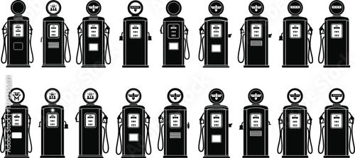 Vintage gas pump silhouette vector, black and white retro fuel station clipart, symbolic top designs, outlined style, decorative, graphic, nostalgic, bold
