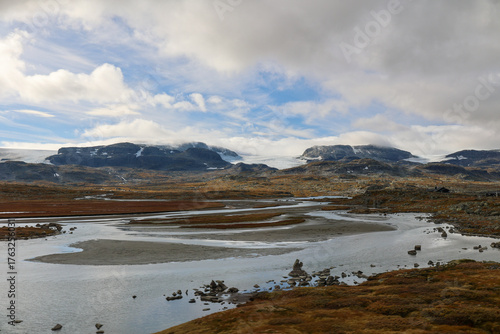 view from the train along the scenical railway track between Oslo and Bergen