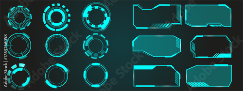 Futuristic neon round and square frames set. Tech game ui, gui, fui frames collection. Glowing neon semitransparent blue frames and lines on dark background. Vector User  gaming design elements