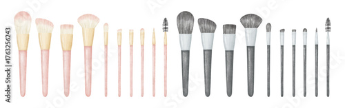 水彩画風のピンク色と黒色のメイクブラシのイラストセット