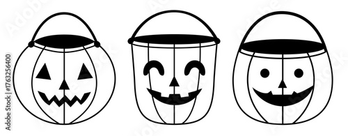 Set of three Halloween pumpkin buckets with different funny and spooky faces. Black and white minimalist line design perfect for Halloween decorations, stickers, coloring pages, party invitations and