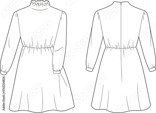 Women's dress technical sketch, front and back view, ruffled neckline, gathered sleeve, A-line silhouette, fashion flat, cad drawing flat vector illustration