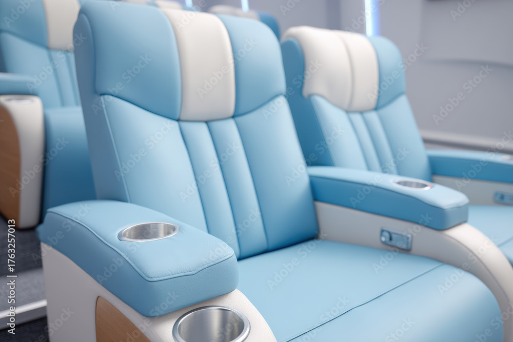 Fototapeta premium Modern blue and white reclining seats with cup holders