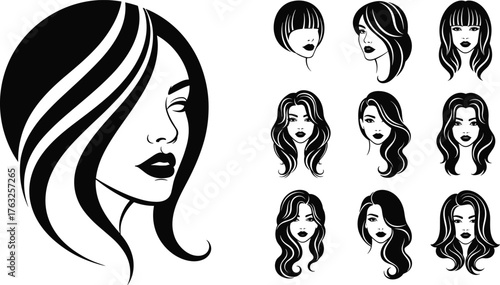 Stylized Silhouettes of Women’s Hairstyles with Flowing Hair Profile, Calm Mood, One-Panel Fashion and Beauty Vector Illustration