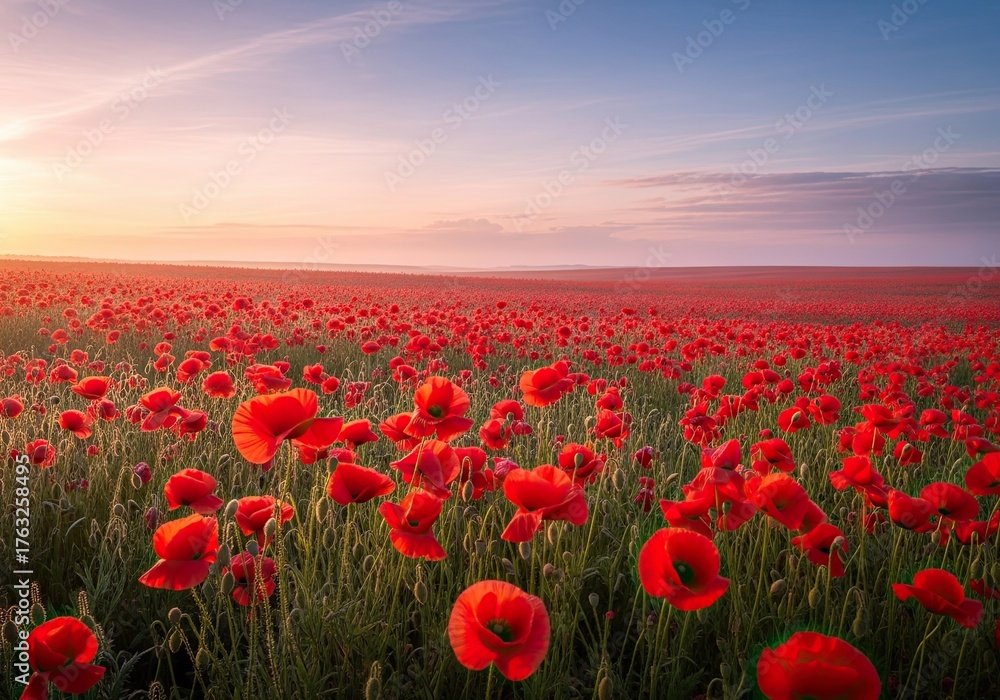 Obraz premium Photo of a serene sunrise over a vast field of vibrant red poppies, creating a picturesque landscape that evokes peace and tranquility in the morning light