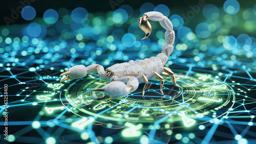 Glowing marble cybernetic scorpion stands on digital holographic surface, symbolizing danger, technology, and cybersecurity. Combines zodiac sign scorpio with sci-fi aesthetics and futuristic concept