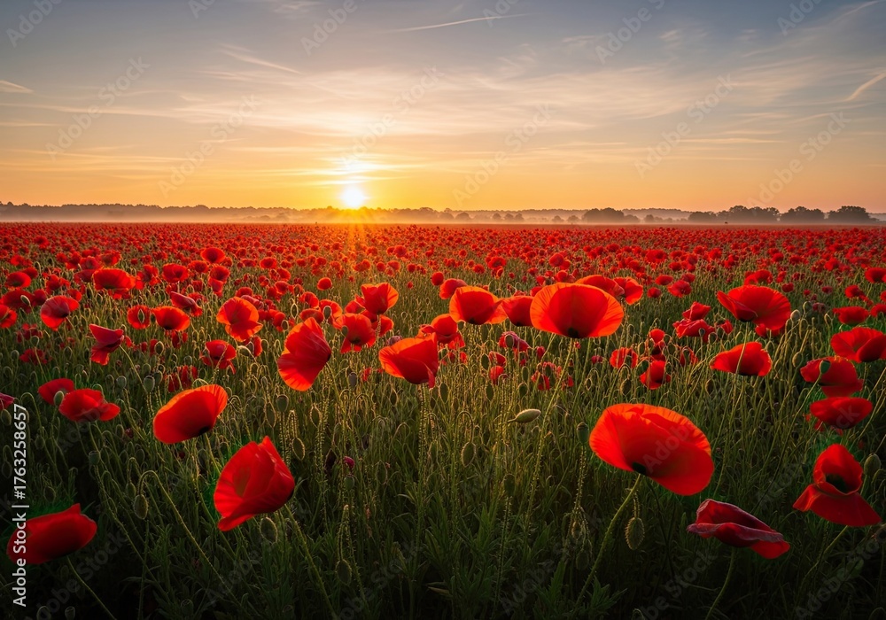 Obraz premium Photo of a stunning sunrise illuminates a field of vibrant red poppies, creating a picturesque scene that captures the essence of natural beauty and tranquility