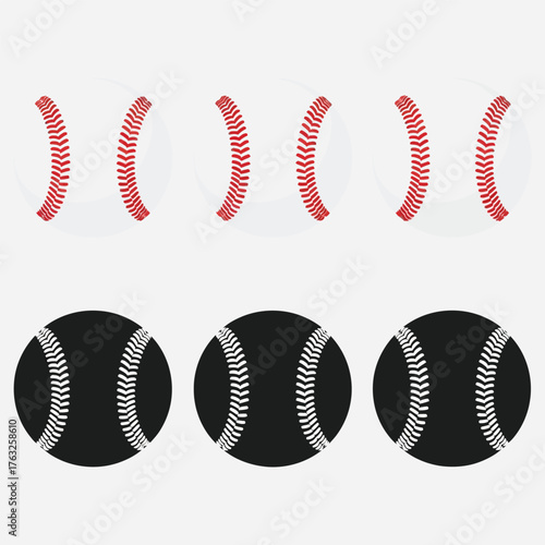 Collection of three white and three black baseballs, arranged in two rows, with prominent red and white stitching
