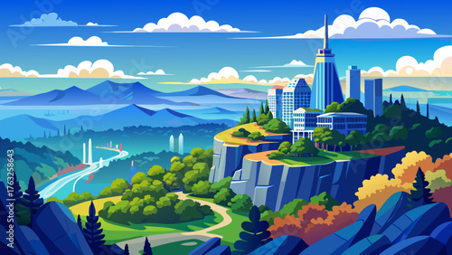 Very beautiful panoramic view from Pinnacle Mountain, Arkansas, showcasing rolling hills, a distant skyline, and dramatic blue clouds drifting across the horizon in a breathtaking natural landscape.