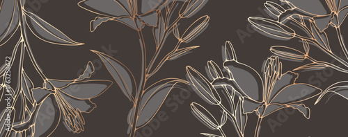 Luxury lily flower background with blossoms and leaves. Hand drawn gold outline lily flower. Vector floral design for card, banner, invitation, advertisement and packaging