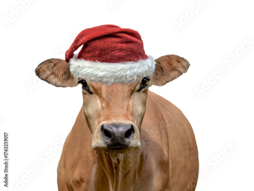 portrait of a brown cow wearing a red and white santa claus hat  isolated on transparent background concept humor for christmas