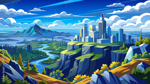 Very beautiful panoramic view from Pinnacle Mountain, Arkansas, showcasing rolling hills, a distant skyline, and dramatic blue clouds drifting across the horizon in a breathtaking natural landscape.