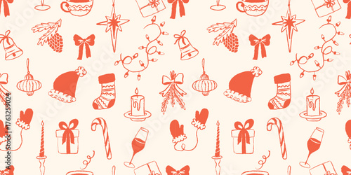 Hand drawn christmas seamless pattern with doodles elements for wrapping paper, greeting cards, fabric and holiday decorations