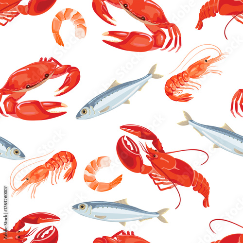 Seafood seamless pattern. Background with sardines, lobster, crab and shrimps. Vector cartoon flat illustration