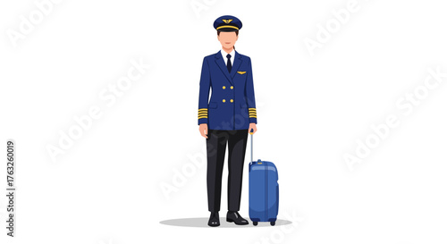 A female pilot in uniform stands with a suitcase in front of an airplane.