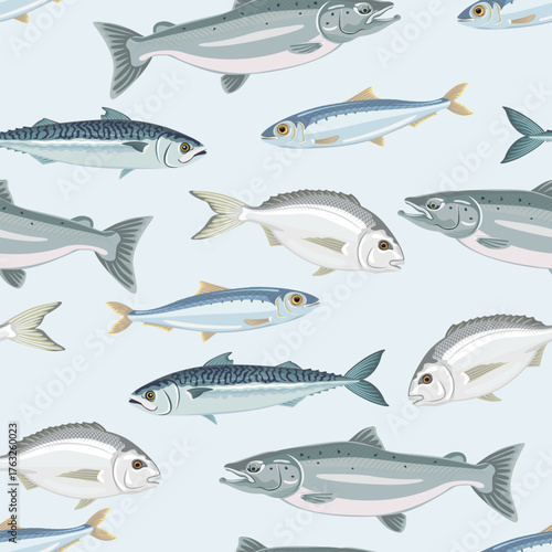 Fish seamless pattern. Background with mackerel, salmon, sardine, dorado. Vector cartoon flat illustration