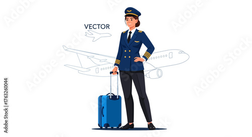 A female pilot in uniform stands with a suitcase in front of an airplane.