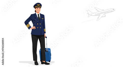 A female pilot in uniform stands with a suitcase in front of an airplane.