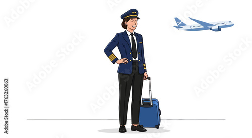A female pilot in uniform stands with a suitcase in front of an airplane.