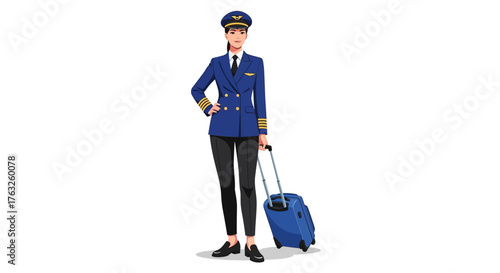 A female pilot in uniform stands with a suitcase in front of an airplane.