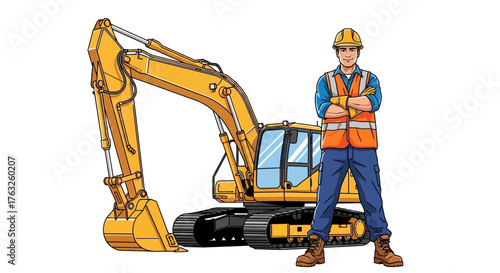 excavator operator construction worker vector illustration