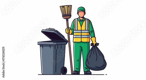 sanitation worker in green uniform vector illustration