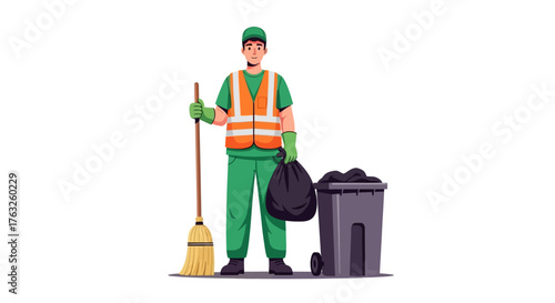 sanitation worker in green uniform vector illustration