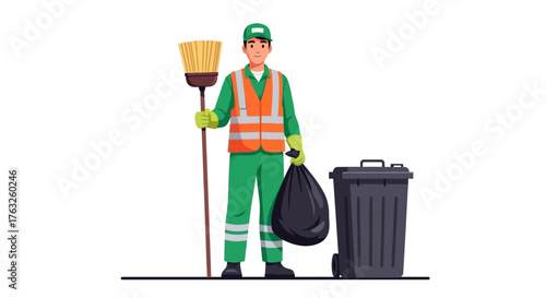 sanitation worker in green uniform vector illustration