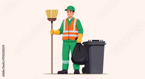 sanitation worker in green uniform vector illustration