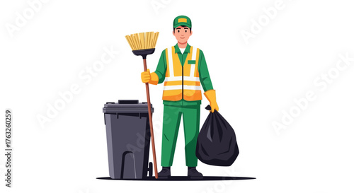 sanitation worker in green uniform vector illustration