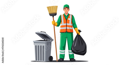 sanitation worker in green uniform vector illustration