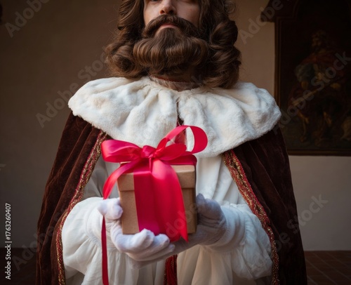 Man in Regal Costume Offering Gift Box.