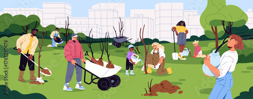 People are planting trees in the city. Group of volunteer plants saplings, watering seedlings in urban park. Men, women and kids care about nature and ecology together. Flat vector illustration