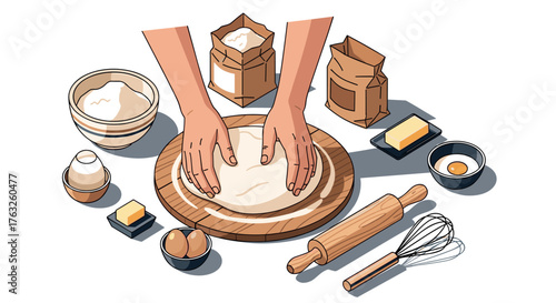 Hands kneading dough among baking ingredients on wooden board with rolling pin and eggs
