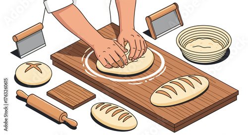 Baker kneading dough with bread tools in rustic kitchen setup