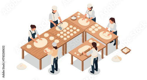 Isometric bakery: chefs crafting dough and bread together on wooden tables