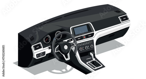 Modern car interior in isometric view featuring dashboard and steering wheel