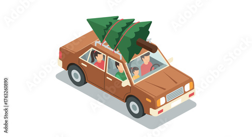 Family trip in brown car with christmas tree on roof in isometric style