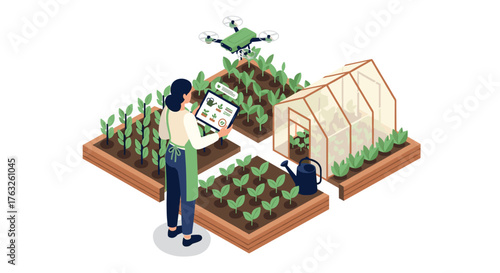 Isometric smart farming scene with greenhouse, drone, and digital tablet