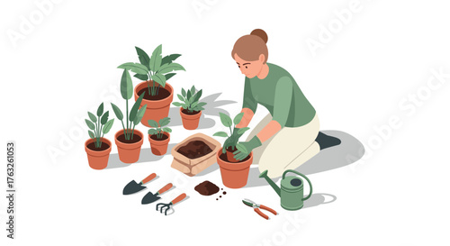 Woman gardening indoors with potted plants in isometric style