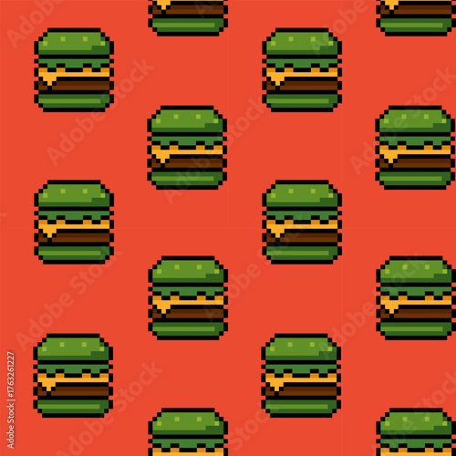 Seamless pattern with pixel art hamburgers with green bun on a red background. Perfect for wrapping paper, textile prints, restaurant branding, digital backgrounds or playful food themed projects.
