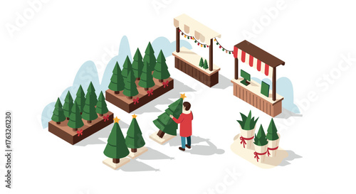 Festive market shopping: man choosing christmas tree at holiday outdoor stalls