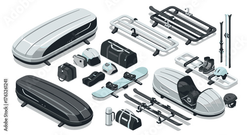 Comprehensive set of modern car roof racks with ski and snowboard gear in isometric style